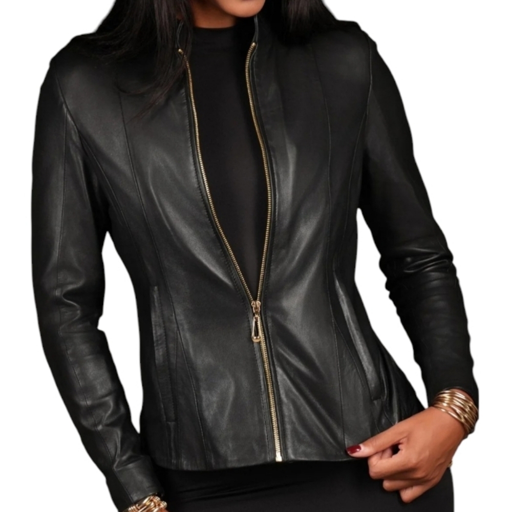 Escada Black Lamb Leather Jacket with Gold Zipper